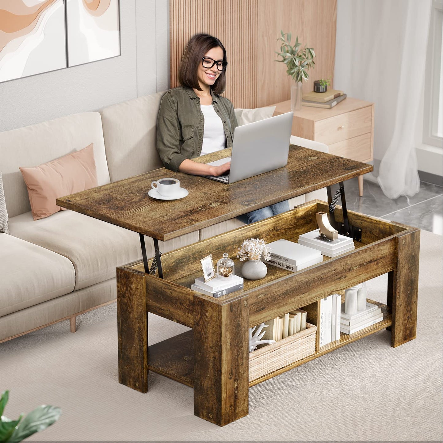 Coffee Table Lift Top with Storage Compartment and Separated Open Shelves (Vintage Brown)