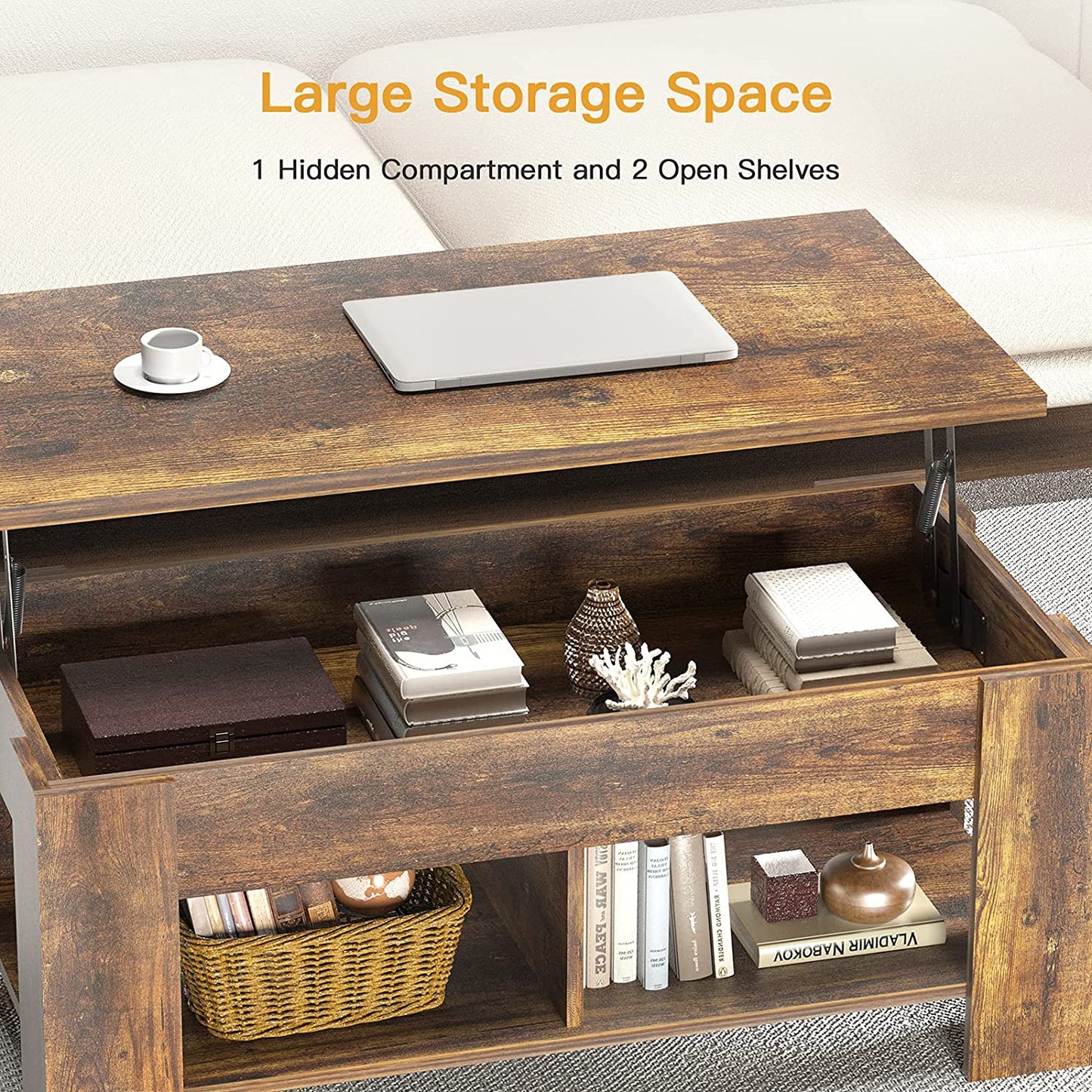 Coffee Table Lift Top with Storage Compartment and Separated Open Shelves (Vintage Brown)